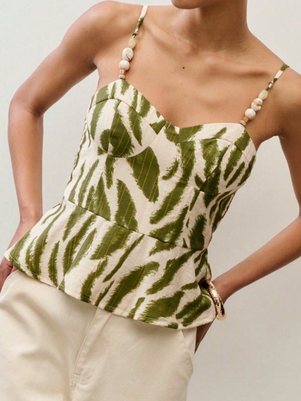 Green Casual Women's Peplum Top with Leaf Print and Spaghetti Straps